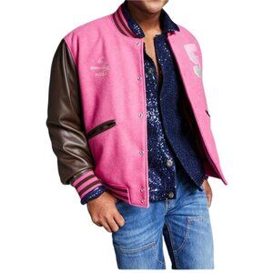 5:31 by JÉRÔME LAMAAR Men Color Block Varsity Bomber Jacket Pink Brown Size XXL